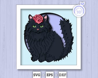 Black Cat with Rose - 3D Shadow Box Layered SVG DXF EPS (Cutting Files)