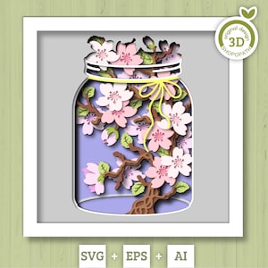 Caixa de sombra de árvore florida 3D em jarra SVG, SVG de primavera 3D, SVG de flor de cerejeira 3D, SVG de flores de cerejeira 3D, SVG de flores de cerejeira 3D, SVG floral, silhueta Cricut
