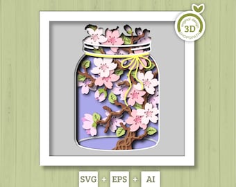 3D Blossom Tree In Jar Shadow Box SVG, 3D Spring SVG, 3D Cherry Blossom svg, Sakura Tree Flowers 3d Svg, Floral SVG, Cricut Silhouette
