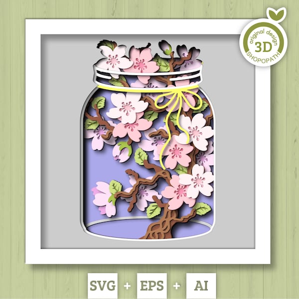 Arbre en fleurs 3D dans un bocal Shadow Box SVG, SVG de printemps 3D, 3D SVG de fleurs de cerisier, fleurs d'arbre Sakura 3D Svg, SVG floral, Silhouette Cricut