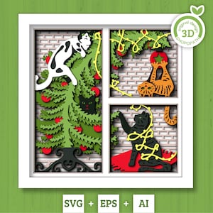 3D SVG Noël Shadow Box, chats Noël couches hiver Svg, arbre de Noël 3D Svg, chat Shadow Box Cricut Silhouette