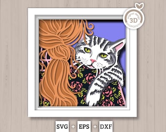 Tabby Cat on Woman Shoulder - 3D Shadow Box Layered SVG DXF EPS (Cutting Files)