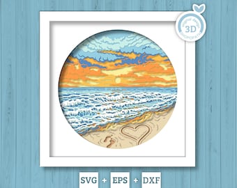 Beach Sunset with Message Round - 3D Shadow Box Layered SVG DXF EPS (Cutting Files)