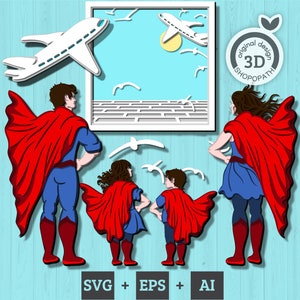 Pacote de heróis em camadas 3D SVG, 3D Super Dad SVG, Super Mom 3d svg, Super Son SVG, Super Daughter svg, Pacote de heróis cortados a laser, Cricut