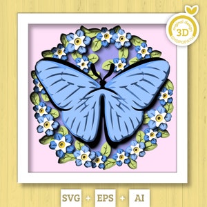 Shadow Box papillon 3D SVG, Svg 3D Morpho bleu, fleurs sauvages en couches SVG, Shadow Box de printemps, fleurs 3D Svg Papercut, Silhouette Cricut
