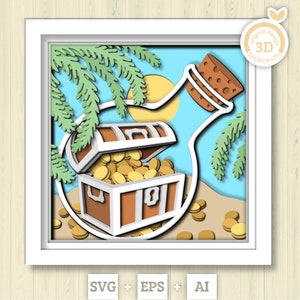 Baú de tesouro 3D SVG em caixa de sombra de garrafa, Baú de tesouro 3D Svg, Praia 3d Svg, Mar 3D svg, Verão 3d Svg Tesouro 3d svg Cricut Silhouette
