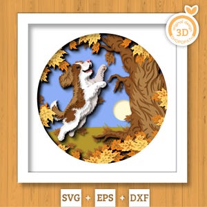 Puppy Playing in Maple Leaves - 3D Shadow Box Layered SVG DXF EPS (Cutting Files)