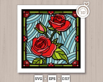Rose Flowers Stained Glass - 3D Shadow Box Layered SVG DXF EPS (Cutting Files)