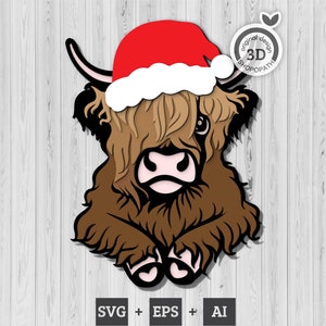 Vache Highland en couches 3D SVG PDF EPS, Noël vache en couches Svg, svg papercut en couches, vache cheveux longs Svg, vache découpée au Laser, Cricut Glowforge