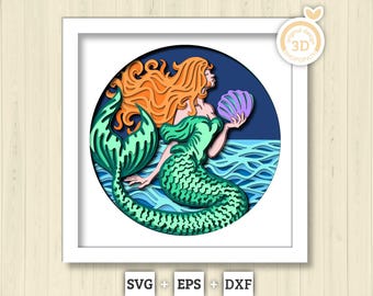 3D SVG Zeemeermin op Golven Schaduwdoos, Zeemeermin 3D SVG, Golven 3D SVG, Zee 3D SVG, Zomer 3D SVG, Zeemeermin Schaduwdoos 3D SVG, Cricut Silhouette
