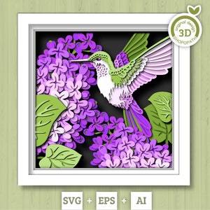 Ramo di fiori lilla 3D con scatola ombra colibrì SVG, primavera 3D SVG, colibrì a strati 3d SVG, fiori lilla 3D SVG, Cricut Silhouette