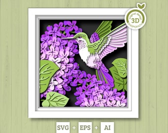 3D Lilac Branch Flowers With Hummingbird Shadow Box SVG, 3D Spring SVG, Layered Humming Bird 3d Svg, 3D Lilac Flowers SVG, Cricut Silhouette