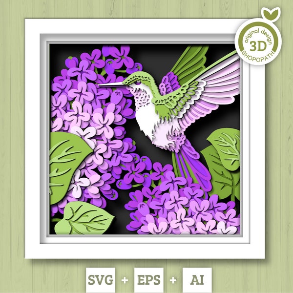 Flores de rama lila 3D con caja de sombra de colibrí SVG, SVG de primavera 3D, pájaro colibrí en capas 3d svg, flores lilas 3D SVG, silueta cricut