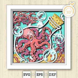 3D SVG Octopus In Bottle With Coral Reef Shadow Box, Octopus 3D Svg, Coral Reef 3d Svg, Under The Sea 3D svg Summer 3d Svg Cricut Silhouette