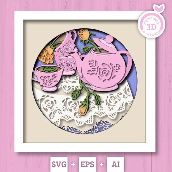 3D Tea Party SVG EPS, Shadow Box, théière en papier cartonné en couches avec des roses Floral Shadow Box, Rose 3D Svg, dentelle 3D svg Cricut