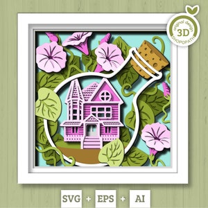 3D SVG Kwiaty Morning Glory z Terrarium House Shadow Box, 3D Summer SVG, Morning Glory 3D SVG, Warstwowe kwiaty 3d SVG, Cricut Silhouette