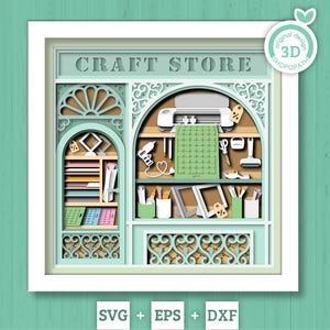 Może przedstawiać: Wielowarstwowe dzieło sztuki papierowej przedstawiające wnętrze sklepu z rękodziełem. Projekt zawiera napis "CRAFT STORE" na g&oacute;rze, z p&oacute;łkami prezentującymi materiały rzemieślnicze, maszynę do cięcia i r&oacute;żne narzędzia. Paleta kolor&oacute;w obejmuje odcienie zieleni, brązu i bieli.