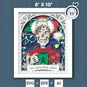3D SVG Weihnachtsskelett-Tarot-Karte 8x10 Schattenbox, Weihnachtsschattenbox 3D-Svg, Weihnachtsstimmung 3d SVG, Tarot 3D-Svg, Cricut Silhouette