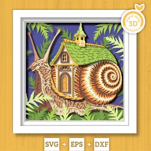 May include: A whimsical 3D paper art piece featuring a snail with a house on its back. The snail's shell is brown and tan, and the house has a green roof. The artwork is framed in white and set against a blue background with green foliage.
