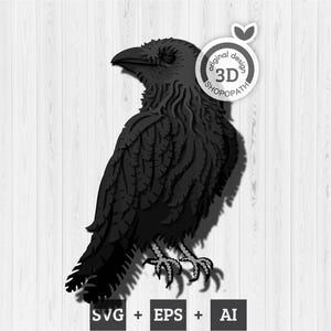 Peut inclure: Une silhouette de corbeau noir avec des plumes détaillées, conçue pour l'impression 3D. Le design est intitulé "Original Design 3D SHOPOPATH".