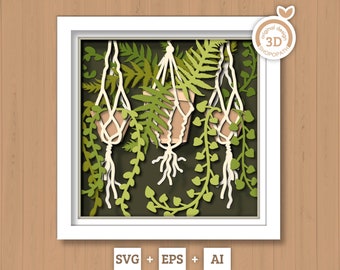 3D Boho Planters Shadow Box SVG Layered Boho SVG, Boho Room Shadow Box, Boho Plants 3D Svg, 3d Boho Svg, Fern Papercut svg Cricut Silhouette
