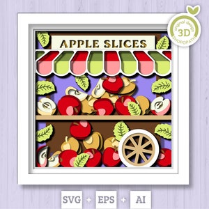 3D SVG Apple Stand Shadow Box SVG, Summer Shadow Box, Fette di mela 3d SVG, Fiori 3d in formato SVG, Estate a strati 3d in formato SVG, Cricut Silhouette