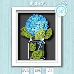 Caixa de sombra de flores de hortênsia 3D SVG, hortênsia em camadas 3D SVG de 8 x 10 polegadas, caixa de sombra de verão 3D SVG, flores 3D SVG 3D, silhueta Cricut