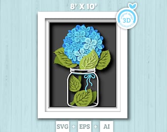 3D Hydrangea Flowers Shadow Box SVG, 8x10 inch Layered Hortensia 3D Svg, 3D Summer Shadow Box Svg, 3D Flowers SVG 3D, Cricut Silhouette