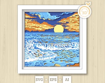 3D SVG Sunset Shadow Box, Sunset 3D Svg, Beach 3d Svg, Sea 3D svg, Summer 3d Svg, Waves 3d svg, 3D SVG Beach Shadow Box Cricut Silhouette