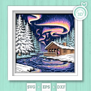 Puede incluir: Una obra de arte en papel 3D enmarcada que representa una escena invernal con una cabaña, un río y una aurora boreal. La obra de arte presenta un marco blanco, una cabaña con techo cubierto de nieve y luces de colores en el cielo nocturno. El texto "original design 3D SHOPOPATH" es visible.