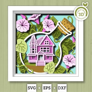 3D SVG Morning Glory Flowers With Terrarium House Shadow Box, 3D Summer SVG, Morning Glory 3D SVG, Layered Flowers 3d Svg, Cricut Silhouette image 1