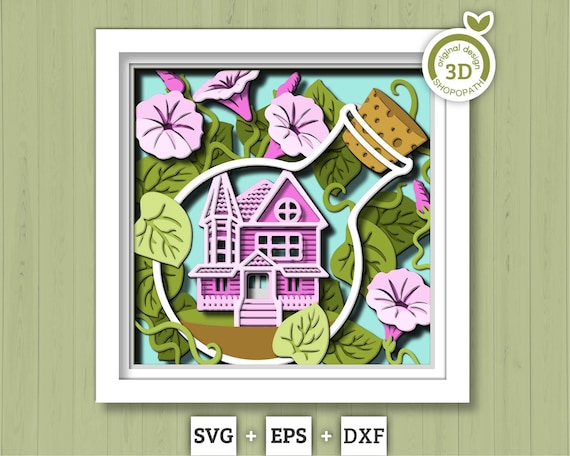 3D SVG Morning Glory Flowers With Terrarium House Shadow Box, 3D Summer SVG, Morning Glory 3D SVG, Layered Flowers 3d Svg, Cricut Silhouette