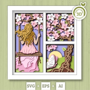 Donna 3D su un'altalena sotto un albero in fiore in formato SVG, Primavera 3D in formato SVG, Fiore di ciliegio 3D in formato SVG, Albero di Sakura 3D in formato SVG, Floreale in formato SVG, Silhouette Cricut