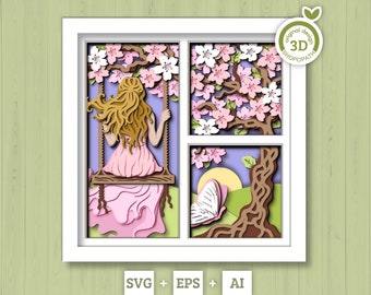 3D Woman On Swing Under Blossom Tree Shadow Box SVG, 3D Spring SVG, 3D Cherry Blossom svg, 3d Sakura Tree Svg, Floral SVG, Cricut Silhouette