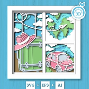 3D gelaagde reizen SVG EPS, vliegtuig Shadow Box, wolken 3D Svg gelaagde Papercut svg, 3D-wereldkaart, gelaagde auto svg, Cricut silhouet