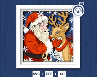 Santa Claus with Reindeer - 3D Shadow Box Layered SVG DXF EPS (Cutting Files)