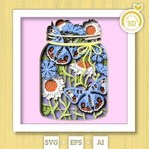 3D papillon en pot Shadow Box SVG, SVG de couches de fleurs sauvages, printemps Shadow Box, Buckeye Svg 3D, svg Papercut, bleuet, Silhouette Cricut