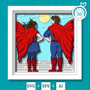 3D SVG Super Paar Schattenbox, 3D-Schichtung Heldenpaar SVG, Paar 3D SVG, Gerechtigkeit 3D SVG, Comic-Buch 3D SVG, Cricut Silhouette