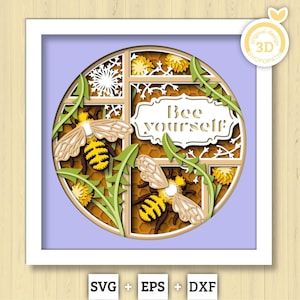 Abejas y dientes de león con etiqueta - Caja de sombras 3D en capas SVG DXF EPS (archivos de corte)