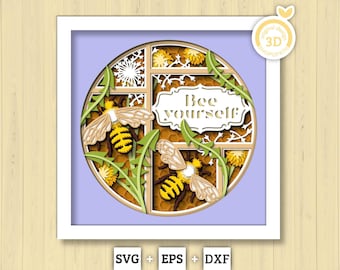 Bees and Dandelions with Label - 3D Shadow Box Layered SVG DXF EPS (Cutting Files)