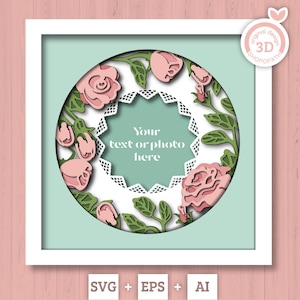 Superposition de roses 3D avec dentelle cadre SVG EPS, nom personnalisé cadre photo, cadre floral ombré, rose 3D Svg artisanat Layered Papercut svg, Cricut