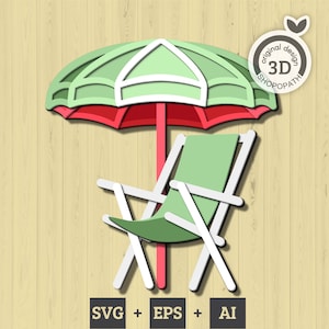 3D Layered Beach Chair SVG PDF EPS, 3D Beach Chair Layered Papercut svg, Beach Umbrella 3d Svg Laser Cut, Cricut, Glowforge, Silhouette