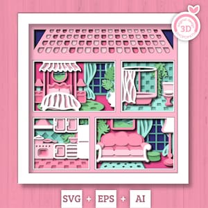 Maison de poupée SVG 3D, Shadow Box pour poupées, maison en papier cartonné en couches, artisanat Shadow Box, maison 3D Svg, meubles jouets 3D svg Cricut