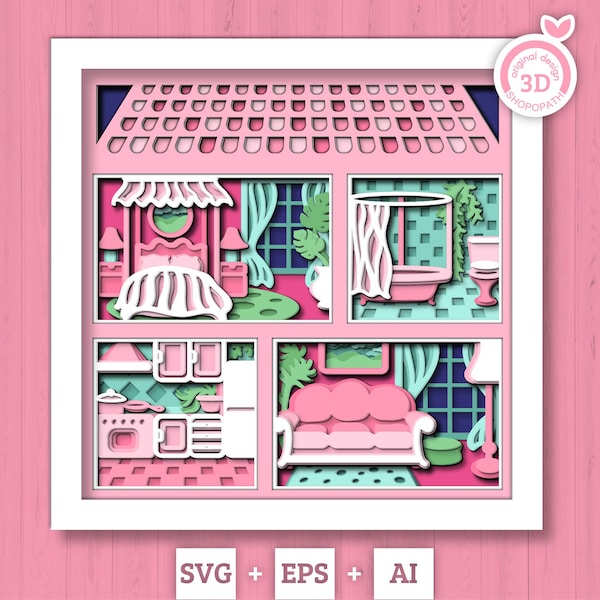 3D SVG Dollhouse, Dolls Shadow Box, Layered Cardstock House, Crafting Shadow Box, Home 3D Svg, Furniture Toys 3D svg Cricut