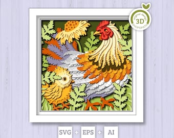 3D Mother Hen With Baby Chick Shadow Box SVG, 3D Baby Chick SVG, 3D Mothers Day Svg, Chicken Layered, 3D Flowers Svg, Cricut, Silhouette