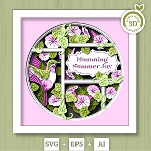 Beija-flor 3D SVG com caixa de sombra de flores de glória da manhã, beija-flor 3D SVG, coração em camadas 3d Svg, 3D verão SVG, silhueta Cricut