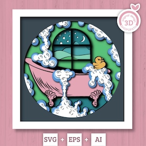 Banho em camadas 3D SVG EPS, caixa de sombra para banheiro, hora do banho 3D Svg em camadas papercut svg, decoração de cuidados de beleza, banho de espuma, silhueta Cricut