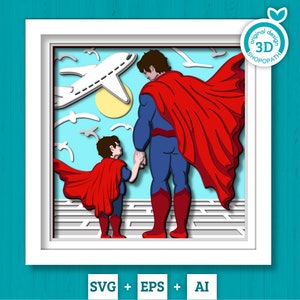 3D SVG Pai e filho Shadow Box, 3D Layered Super Dad SVG, Playtime 3D svg, Dia dos Pais 3d svg, Hero Dad 3D Svg, Cricut Silhouette