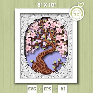 Caixa de sombra 3D com flores de cerejeira SVG, árvore com flores em camadas 8 x 10 polegadas SVG, árvore de Sakura 3D SVG, flores 3D SVG, floral 3D SVG, silhueta Cricut