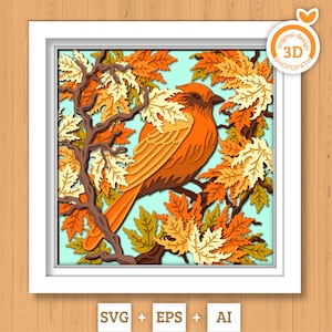Pinzón SVG 3D en caja de sombra de árbol de arce, SVG 3D de otoño, SVG 3D de hoja de arce en otoño, SVG 3D de pájaro, SVG 3D de otoño, SVG 3D de arce, silueta de Cricut